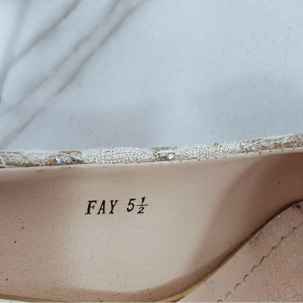 Mila Lady Fay Gold Cream Glitter Lace Platform Stiletto Heels, Sz 5.5